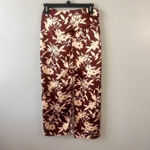 ZARA's Floral Brown/Tan/Red Satin-Effect Midi Straight Skirt Front Slit Size XS